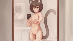 Rule 34 | 1girl, animal ears, breasts, brown eyes, brown hair, cat ears, cat girl, cat tail, character request, cleft of venus, copyright request, failure, highres, light smile, meme, mirror, monster girl, navel, nipples, nude, one finger selfie challenge (meme), paintrfiend, phone, pussy, selfie, short hair, small breasts, solo, tail, you&#039;re doing it wrong