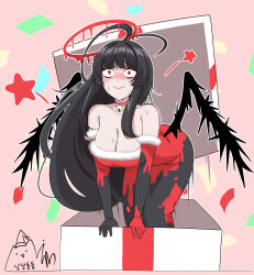 Rule 34 | 1girl, 3:, alternate costume, antenna hair, arm support, bare shoulders, bell, bent over, black hair, black wings, blue archive, blunt bangs, blush, box, breasts, choker, cleavage, collarbone, commentary request, dress, elbow gloves, embarrassed, gift, gift box, gloves, halo, highres, in box, in container, large breasts, long hair, looking at viewer, majinmallow, neck bell, nervous sweating, red choker, red eyes, sidelocks, simple background, sleeveless, sleeveless dress, solo, strapless, strapless dress, surprised, sweat, tsurugi (blue archive), two-tone dress, wavy mouth, wings