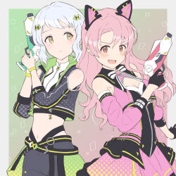 Rule 34 | 2girls, animal ears, black gloves, black jacket, black shorts, blue hair, blush, bow, bowtie, cat ears, clothing cutout, commentary request, crop top, detached sleeves, dot nose, dress, expressionless, fake animal ears, flat chest, gloves, gradient background, green background, gun, hair ornament, hairclip, hands up, highres, holding, holding gun, holding weapon, idolmaster, idolmaster million live!, idolmaster million live! theater days, jacket, light blue hair, long hair, long sleeves, looking at another, looking at viewer, makabe mizuki, midriff, multiple girls, navel, official alternate costume, official alternate hair color, open mouth, pink dress, pink hair, pink skirt, pink sleeves, razi, red eyes, shirt, short hair, shorts, shoulder cutout, sidelocks, skirt, smile, striped bow, striped bowtie, striped clothes, takayama sayoko, v-shaped eyebrows, wavy hair, weapon, white bow, white bowtie, white shirt, yellow eyes, yellow wristband