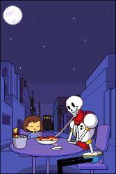 Rule 34 | androgynous, animated, animated gif, bone, bucket, building, capelet, christian john sanchez, eating, food, frisk (undertale), full moon, gender request, gloves, lady and the tramp, moon, papyrus (undertale), parody, pasta, pixel art, plate, red gloves, sitting, skeleton, spaghetti, sparkle, star (sky), table, undertale