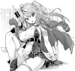Rule 34 | 1girl, ahoge, arm support, armband, azur lane, blush, breasts, fingerless gloves, gloves, grenville (azur lane), greyscale, gun, holding, holding gun, holding weapon, hori (hori no su), large breasts, long hair, looking at viewer, monochrome, open mouth, sitting, smile, solo, thighhighs, weapon
