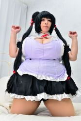 Rule 34 | 1girl, absurdres, black hair, breasts, cleavage, cosplay, fat, highres, hoshima mika, huge breasts, long hair, maaru tougou, maaru tougou (cosplay), photo (medium), pochamaider, solo, thick thighs, thighs, twintails, wide hips