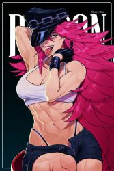 Rule 34 | 1girl, abs, absurdres, arm behind head, armpits, artist name, big hair, black gloves, black hat, black shorts, blue eyes, breasts, character name, cleavage, commentary, crop top, english commentary, eyeliner, final fight, gloves, hat, hat over one eye, highleg, highleg panties, highres, linea alba, lips, long hair, makeup, medium breasts, mole, mole under eye, muscular, muscular female, naughty face, navel, navel piercing, open fly, panties, panty straps, peaked cap, piercing, pink hair, poison (final fight), sheep shin, shorts, solo, street fighter, street fighter iv (series), studded bracelet, tank top, teeth, tongue, tongue out, tongue piercing, underwear, very long hair, white tank top