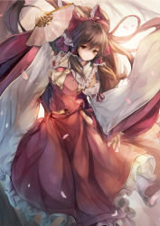Rule 34 | 1girl, adapted costume, ascot, bow, breasts, brown eyes, brown hair, detached sleeves, embellished costume, fal maro, hand fan, female focus, folding fan, frilled skirt, frills, hair bow, hair tubes, hakurei reimu, highres, holding, large breasts, long hair, skirt, smile, solo, touhou, wide sleeves