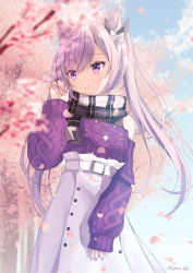 Rule 34 | 1girl, alternate costume, bare shoulders, blue sky, blush, bow, buttons, casual, cherry blossoms, day, genshin impact, hair bow, hand in own hair, highres, keqing (genshin impact), keqing (lantern rite) (genshin impact), kugatsu tooka, long hair, long sleeves, looking to the side, nail polish, outdoors, petals, plaid, plaid scarf, purple eyes, purple hair, purple nails, scarf, skirt, sky, sleeves past wrists, standing, sweater, tree, twintails