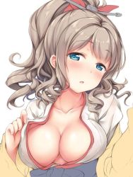 Rule 34 | 1girl, bad id, bad twitter id, blue eyes, blush, bow, breasts, brown hair, cleavage, collarbone, commentary request, drill hair, hair bow, hakama, hakama skirt, hatakaze (kancolle), how is the progress (meme), japanese clothes, kantai collection, kimono, long hair, looking at viewer, medium breasts, meiji schoolgirl uniform, meme, ponytail, simple background, skirt, solo, vashaps2, white background, wide sleeves, yellow kimono