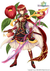 Rule 34 | 1girl, belt, boots, breasts, camellia, cape, city forest online, cleavage, cleavage cutout, clothing cutout, copyright name, dress, flower, flower knight girl, frills, full body, gloves, knee boots, looking at viewer, name connection, object namesake, official art, red footwear, red gloves, red hair, short hair, solo, standing, tsubaki (flower knight girl), white background, yellow eyes