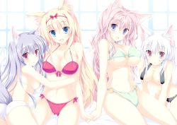 Rule 34 | 4girls, :d, :o, animal ears, arm support, ass, bare shoulders, bikini, blonde hair, blue eyes, blush, breasts, chestnut mouth, cleavage, collarbone, detexted, fang, fox ears, fox tail, front-tie top, hair ribbon, holding hands, highres, hug, large breasts, light purple hair, long hair, looking at viewer, multiple girls, navel, o-ring, o-ring bikini, o-ring bottom, o-ring top, open mouth, original, pink eyes, purple eyes, ribbon, side-tie bikini bottom, sitting, smile, swimsuit, tail, tateha (marvelous grace), third-party edit, underboob, white hair