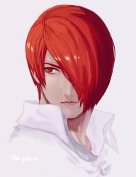 Rule 34 | 1boy, eyelashes, grey background, hair over one eye, high collar, highres, juu satoshi, lips, looking to the side, male focus, portrait, red hair, solo, the king of fighters, yagami iori