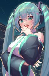 Rule 34 | 1girl, :d, aqua eyes, aqua hair, aqua nails, aqua necktie, arm under breasts, bare shoulders, black sleeves, bokuboyarts, breasts, detached sleeves, elbow rest, from below, hair between eyes, hand to own mouth, hand up, hatsune miku, headphones, highres, light blush, long hair, long sleeves, looking at viewer, looking down, medium breasts, nail polish, necktie, night, number tattoo, open mouth, shirt, sleeveless, sleeveless shirt, smile, solo, star (sky), tattoo, teeth, tongue, twintails, upper body, upper teeth only, v-shaped eyebrows, vocaloid, white shirt, wide sleeves