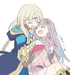 2girls :d ^_^ atelier_(series) atelier_lulua behind_another blonde_hair blue_coat blunt_bangs bow braid circlet closed_eyes coat commentary_request elmerulia_fryxell facing_another grey_hair heart hood hood_down hooded_coat jacket karasumi_(aiseec) long_hair long_sleeves multiple_girls open_mouth piana_(atelier) pink_bow pink_jacket simple_background sitting smile standing white_background