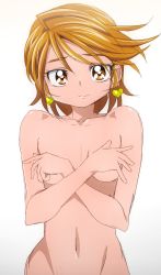 Rule 34 | 1girl, breasts, brown eyes, brown hair, covering privates, covering breasts, cure black, earrings, futari wa precure, gradient background, grey background, heart, heart earrings, highres, jewelry, looking at viewer, medium breasts, misumi nagisa, navel, nude, oimanji, precure, short hair, sketch, smile, solo, upper body, white background