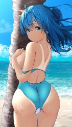 Rule 34 | 1girl, against tree, aigami shion, ass, back, beach, blue eyes, blue hair, blue one-piece swimsuit, blue sky, breasts, closed mouth, commentary request, competition swimsuit, covering privates, covering breasts, day, garter-velvet, highres, horizon, huge ass, large breasts, legs, long hair, looking at viewer, looking back, ocean, one-piece swimsuit, original, outdoors, palm tree, sideboob, sky, smile, standing, swimsuit, tan, tanline, thighs, topless, tree