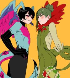 Rule 34 | 2boys, black gloves, black hair, black pants, black sclera, blush, bodysuit, claws, clenched teeth, colored sclera, e.g.o (project moon), flower, folded ponytail, gloves, green bodysuit, green gloves, green hair, highres, horns, library of ruina, looking at viewer, mu46016419, multiple boys, netzach (project moon), pants, pink eyes, porccubus, project moon, queen of hatred, red flower, roland (project moon), simple background, sweat, tail, teeth, topless male, white sleeves, wings, yellow background, yellow eyes