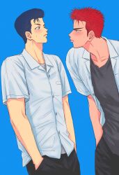 Rule 34 | 2boys, bishounen, black eyes, black hair, black pants, black shirt, blue background, blush, closed mouth, couple, court oven, cowboy shot, eye contact, hands in pockets, highres, looking at another, male focus, mito youhei, multiple boys, open clothes, open shirt, pants, pompadour, profile, red hair, sakuragi hanamichi, shirt, short hair, simple background, slam dunk (series), sweatdrop, white shirt, yaoi