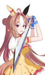 Rule 34 | 1girl, absurdres, animal ears, apex legends, blue gloves, borrowed weapon, breasts, commentary, copano rickey (umamusume), dress, durumi blade, ear covers, english commentary, fingerless gloves, from side, gloves, hair between eyes, hair bun, hair ornament, highres, holding, holding sword, holding weapon, horse ears, horse girl, long hair, looking at viewer, mao ying langji, medium breasts, mismatched ear covers, multicolored hair, open mouth, red eyes, single side bun, smile, solo, streaked hair, sword, tassel, tassel hair ornament, umamusume, very long hair, weapon, white background, white hair, yellow dress