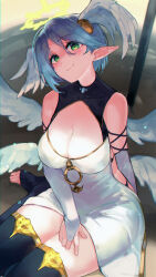 Rule 34 | 1girl, absurdres, aether (shadowverse), aether (shingeki no bahamut), angel, angel wings, bare shoulders, black thighhighs, blue hair, blush, breasts, bridal gauntlets, cleavage, curvy, dress, feathered wings, from above, green eyes, halo, hand on own thigh, head wings, highres, large breasts, long bangs, looking at viewer, multiple wings, o-ring, orr (kkkkbbbbc), pointy ears, shadowverse, shingeki no bahamut, short hair, simple background, smile, solo, swept bangs, thick thighs, thighhighs, thighs, underwear, white dress, white wings, wings