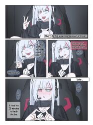 Rule 34 | 1girl, absurdres, black shirt, blue eyes, blush, chair, comic, commentary, english commentary, english text, gaming chair, girls&#039; frontline, girls&#039; frontline neural cloud, hair bobbles, hair ornament, headset, heart, heart hands, heterochromia, highres, kuro (neural cloud), long hair, mdr (girls&#039; frontline), multicolored hair, natawaru, on chair, one side up, open mouth, pink hair, red eyes, shirt, sitting, solo, streaked hair, swivel chair, upper body, white hair