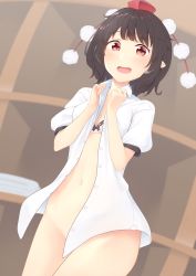 Rule 34 | 1girl, ^^^, absurdres, ayaya~, black hair, blush, bottomless, bra, commentary request, cowboy shot, dutch angle, groin, hands up, hat, highres, indoors, kanpa (campagne 9), looking at viewer, naked shirt, navel, open clothes, open mouth, open shirt, pointy ears, pom pom (clothes), puffy short sleeves, puffy sleeves, red eyes, shameimaru aya, shirt, short hair, short sleeves, smile, solo, standing, stomach, tassel, thighs, tokin hat, touhou, underwear, white bra, white shirt