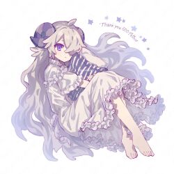 Rule 34 | 1girl, ahoge, barefoot, closed mouth, curled horns, english text, frilled shirt collar, frilled sleeves, frills, full body, grey hair, grey horns, hair over one eye, holding, holding pillow, horns, knees up, long hair, looking at viewer, milestone celebration, neoki ohae, hugging object, original, pajamas, pillow, pillow hug, plantar flexion, purple eyes, purple horns, sheep horns, solo, star (symbol), striped horns, striped pillow, twitter username, very long hair, watermark, white background, zoom layer