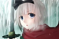 Rule 34 | 1girl, bare tree, blue eyes, breath, hair ribbon, konpaku youmu, licking lips, looking at viewer, p3104 (syerie513), parted lips, portrait, ribbon, scarf, short hair, silver hair, snow on head, snowing, solo, sword, tongue, tongue out, touhou, tree, upper body, weapon