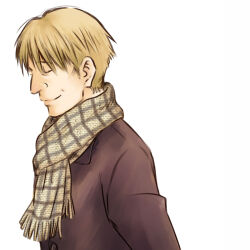Rule 34 | 1boy, blonde hair, brown coat, closed eyes, coat, male focus, mark2003, monster (manga), plaid, plaid scarf, scarf, short hair, simple background, smile, solo, upper body, white background, wolfgang grimmer