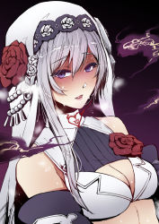 Rule 34 | 1girl, asymmetrical bangs, breasts, breath, cleavage, cleavage cutout, clothing cutout, crop top, flower, heavy breathing, looking at viewer, mibry (phrysm), open mouth, parted lips, purple eyes, red flower, red rose, rose, short hair, sidelocks, sinoalice, smoke, snow white (sinoalice), solo, sweat, veil, white hair