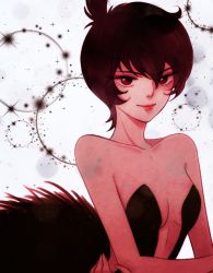 Rule 34 | 1girl, ballerina, bare shoulders, black hair, brown hair, closed mouth, collarbone, dress, haeeun, lipstick, looking at viewer, makeup, princess kraehe, princess tutu, red lips, rue (princess tutu), short hair, solo, sparkle, strapless, strapless dress, tutu, upper body, very short hair, white background