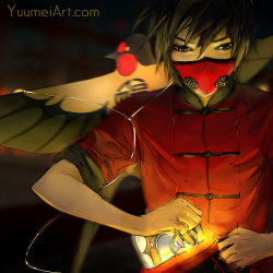 Rule 34 | 1boy, black eyes, black hair, blurry, blurry background, chinese clothes, highres, kite, knite, male focus, mask, mouth mask, short hair, solo, watermark, web address, yuumei