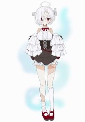 Rule 34 | 1girl, antenna hair, arm belt, azur lane, bare shoulders, belt, black belt, black skirt, blush, bolt, bow, bowtie, breasts, buttons, center frills, detached sleeves, foreshortening, frilled skirt, frilled sleeves, frills, gulp5959, hair over one eye, highres, large breasts, long sleeves, looking at viewer, miniskirt, object through head, red bow, red bowtie, red eyes, screw, screw in head, shirt, short hair, simple background, skirt, sleeveless, sleeveless shirt, sleeves past fingers, sleeves past wrists, solo, stitches, terror (azur lane), white background, white hair, white shirt, wide sleeves