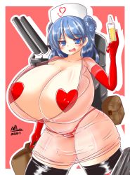 Rule 34 | 10s, 1girl, ayazumi flutter, bikini, black thighhighs, blue eyes, blue hair, blush, breasts, cannon, cleavage, covered erect nipples, curvy, dress, elbow gloves, female focus, gigantic breasts, gloves, hat, injection, kantai collection, long hair, looking at viewer, matching hair/eyes, nurse, nurse cap, open mouth, pasties, plump, red bikini, red gloves, red theme, revealing clothes, see-through, shiny skin, simple background, smile, solo, standing, string bikini, swimsuit, thick thighs, thighhighs, thighs, urakaze (kancolle), weapon, wide hips