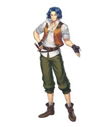 Rule 34 | &gt;:), 1boy, belt, black footwear, black gloves, blue eyes, blue hair, boots, brown belt, dagger, fingerless gloves, fire emblem, fire emblem: thracia 776, fire emblem heroes, full body, gloves, grey pants, hand on own hip, knife, looking at viewer, male focus, nintendo, official art, orange vest, otorihara, outstretched arm, pants, perne (fire emblem), shirt, short hair, short sleeves, simple background, smile, solo, standing, third-party source, v-shaped eyebrows, vest, weapon, white background, white shirt