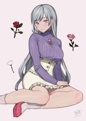 Rule 34 | 1girl, absurdres, arm support, bad id, bad pixiv id, blush, breasts, casual, closed mouth, commentary request, flower, frilled skirt, frills, grey background, grey eyes, grey hair, grey skirt, head tilt, high-waist skirt, highres, large breasts, long hair, long sleeves, looking at viewer, pink flower, pink footwear, pink rose, purple sweater, red flower, red rose, rose, school girl strikers, signature, simple background, sitting, skirt, smile, socks, solo, straight hair, sweater, tatianna alexandrovna krovskaya, uni (melm), white socks, yokozuwari