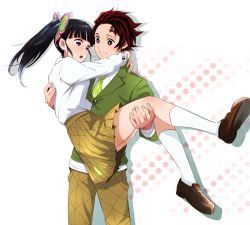 Rule 34 | 1boy, 1girl, :o, alternate costume, black hair, brown eyes, brown footwear, brown hair, brown pants, brown skirt, butterfly hair ornament, carrying, commentary request, contemporary, earrings, green jacket, green neckwear, hair ornament, hanafuda, jacket, jewelry, kamado tanjirou, kimetsu no yaiba, long hair, looking at another, manly, necktie, pants, princess carry, purple eyes, san mon, scar on face, scar on forehead, school uniform, shirt, shoes, side ponytail, skirt, smile, socks, tsuyuri kanao, white background, white legwear, white shirt