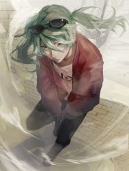 Rule 34 | 1girl, aqua eyes, aqua hair, black pants, brick wall, commentary request, desert, dust, eyewear on head, hair between eyes, hatsune miku, highres, jacket, long hair, looking at viewer, momota ro5555, pants, red jacket, revision, sand, shirt, sitting, solo, suna no wakusei (vocaloid), sunglasses, twintails, vocaloid, white shirt