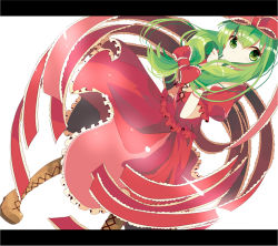 1girl bad_id bad_pixiv_id boots bow dress female_focus frills front_ponytail green_eyes green_hair hair_bow hair_ornament hair_ribbon kagiyama_hina letterboxed long_hair matching_hair/eyes red_dress ribbon sakurato_remi solo touhou