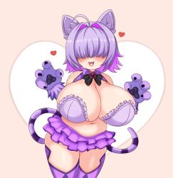 Rule 34 | 1girl, ahoge, animal ears, animal hands, bare shoulders, bell, blush, bow, bowtie, breasts, cheshire cat (monster girl encyclopedia), cheshire cat (monster girl encyclopedia) (cosplay), claw pose, cleavage, commentary request, cosplay, cowboy shot, dot nose, elegg (nikke), facing viewer, gloves, goddess of victory: nikke, hair intakes, hair over eyes, heart, heart background, highres, huge breasts, jingle bell, long bangs, medium hair, miniskirt, multicolored hair, nav (itsnav), navel, neck bell, open mouth, pleated skirt, plump, purple gloves, purple hair, purple skirt, purple tail, purple thighhighs, skirt, solo, striped tail, tail, thick thighs, thighhighs, thighs, two-tone hair, white background