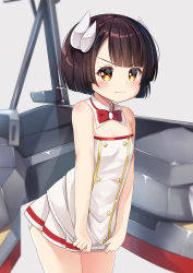 Rule 34 | 1girl, azur lane, bare arms, bare shoulders, blush, bow, brown eyes, brown hair, closed mouth, collar, commentary, detached collar, dress, dress tug, grey background, hiei-chan (azur lane), hiei (azur lane), horns, ikazu401, leaning forward, looking at viewer, machinery, panties, pleated skirt, red bow, short hair, simple background, skirt, solo, strapless, strapless dress, underwear, v-shaped eyebrows, white collar, white dress, white panties, white skirt