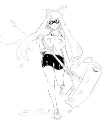Rule 34 | 1girl, alternate breast size, bike shorts, breasts, highres, huge breasts, inkling player character, long hair, mask, md5 mismatch, monochrome, muneneko, nintendo, paint roller, paint splatter, pointy ears, resized, shoes, sketch, sneakers, solo, squid, tank top, tentacle hair