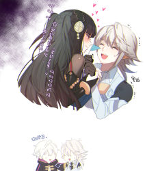 Rule 34 | 1girl, 2boys, :d, black hair, bridal gauntlets, chibi, chibi inset, chinese text, closed eyes, corrin (fire emblem), corrin (male) (fire emblem), corrin (male) (fire emblem), fire emblem, fire emblem fates, flag, hairband, holding another&#039;s wrist, long hair, multiple boys, nintendo, open mouth, pointy ears, rhajat (fire emblem), robin (fire emblem), robin (male) (fire emblem), silver hair, smile, sweatdrop, translation request, two side up, zuizi