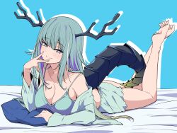 Rule 34 | 1girl, antlers, bare legs, barefoot, blue background, blue eyes, blue hair, blue pillow, breasts, cleavage, commission, feet, feet up, female focus, full body, highres, horns, indie virtual youtuber, kichihachi, large breasts, long sleeves, lying, matching hair/eyes, multicolored eyes, multicolored hair, multicolored tail, on bed, pillow, revealing clothes, second-party source, shioumi waka, simple background, single bare shoulder, skeb commission, solo focus, tail, virtual youtuber