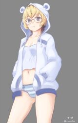 Rule 34 | 1girl, animal hood, artist name, blonde hair, blue hoodie, breasts, cleavage, clip studio paint (medium), collarbone, dated, female focus, finalcake, glasses, gluteal fold, grey background, hands in pockets, hikiotani ito, hood, hoodie, legs, light blue hoodie, looking at viewer, midriff, navel, neck, no pants, open clothes, open hoodie, open mouth, panties, punch line, purple eyes, short hair, simple background, small breasts, solo, standing, striped clothes, striped panties, surprised, thighs, underwear, wide-eyed