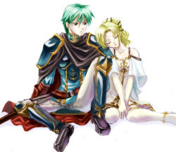 Rule 34 | anklet, aqua eyes, aqua hair, armor, belt, boots, cape, circlet, closed eyes, couple, dress, elbow gloves, ephraim (fire emblem), fire emblem, fire emblem: the sacred stones, gloves, green hair, head on another&#039;s shoulder, jewelry, l&#039;arachel (fire emblem), lance, nintendo, open mouth, pants, polearm, ponytail, prince, princess, short hair, sitting, sleeping, thigh boots, thighhighs, weapon