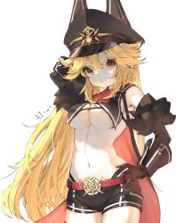 Rule 34 | 1girl, 2t (vmyz7342), arm behind head, arm up, black gloves, black hat, black shorts, black sleeves, blonde hair, breasts, brown eyes, cape, chinese commentary, closed mouth, cowboy shot, detached sleeves, emblem, gloves, hand on own hip, hat, highres, long hair, looking at viewer, medium breasts, military hat, navel, neckerchief, original, red cape, red neckerchief, shorts, signature, simple background, solo, thighs, white background