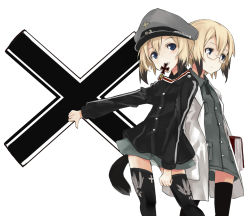 Rule 34 | 2girls, bad id, bad pixiv id, black thighhighs, blonde hair, blue eyes, book, cross, erica hartmann, glasses, hat, iron cross, lab coat, mouth hold, multicolored hair, multiple girls, panties, sasaki kouhei, short hair, siblings, sisters, standing, strike witches, strike witches: suomus misfits squadron, tail, thighhighs, thumbs down, two-tone hair, underwear, uniform, upskirt, ursula hartmann, white panties, world witches series