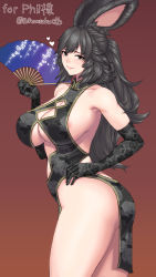 Rule 34 | 1girl, absurdres, animal ears, bare shoulders, black dress, black hair, blush, breasts, china dress, chinese clothes, cleavage, collarbone, dress, folding fan, grey eyes, hand fan, highres, large breasts, long hair, looking at viewer, original, pelvic curtain, rabbit ears, rabbit girl, smile, solo, thighs, whoosaku
