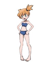Rule 34 | 1girl, armpits, bikini, blue bikini, creatures (company), game freak, green eyes, hand on own hip, highres, jpeg artifacts, kisama (0213), looking at viewer, misty (pokemon), navel, nintendo, open mouth, pointing, pointing at viewer, pokemon, pokemon rgby, short ponytail, simple background, smile, solo, swimsuit, white background