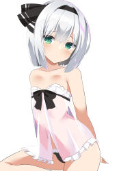 Rule 34 | 1girl, 9150namihana, absurdres, alternate costume, babydoll, black bow, black hairband, black panties, black ribbon, blush, bob cut, bow, closed mouth, commentary request, feet out of frame, flat chest, frilled panties, frills, green eyes, grey hair, hair ribbon, hairband, highres, konpaku youmu, looking at viewer, navel, panties, ribbon, short hair, simple background, solo, touhou, underwear, white babydoll, white background