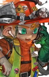 Rule 34 | 1boy, absurdres, asymmetrical gloves, blue eyes, bluetooth headset, commentary request, fire helmet, firefighter, firefighter jacket, flashlight, gloves, headset, highres, inkling player character, jacket, korean commentary, male focus, nintendo, nintendo switch, octoling, octoling boy, octoling player character, open mouth, salmon run (splatoon), simple background, solo, splatoon (series), squid, teeth, tentacle hair, tto ja, white background, wireless earphones