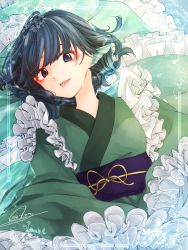 Rule 34 | 1girl, bad id, bad pixiv id, blue eyes, blue hair, commentary request, fins, frills, green kimono, head fins, highres, japanese clothes, kimono, long sleeves, looking at viewer, obi, parted lips, sash, short hair, signature, sleeves past wrists, solo, souta (karasu no ouchi), touhou, wakasagihime, wide sleeves